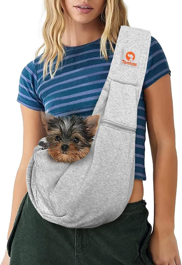 Tomkas Small Dog Sling Carrier - Cat Sling Carrier - Zipper Pocket & Adjustable Strap - for 3-10 lbs Pets (Gray) Puppy