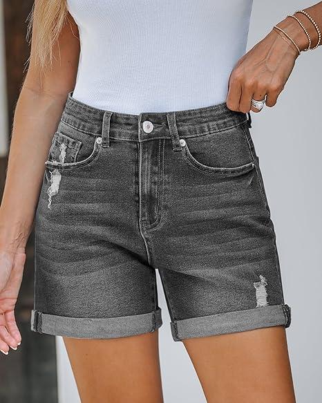 LookbookStore Jean Shorts Womens Stretchy High Waisted Ripped Denim Shorts with Pockets Trendy Distressed Cut Off Shorts (Small, Faded Black)