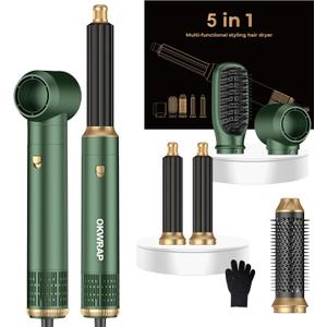 5 in ONE Hair Dryer Brush, Blow Dryer Curling Wand Hair Styling Tools Set, Ionic Hot Air Brush Round Brush Blow Dryer, Left&Right Styler 100-120V (Green)