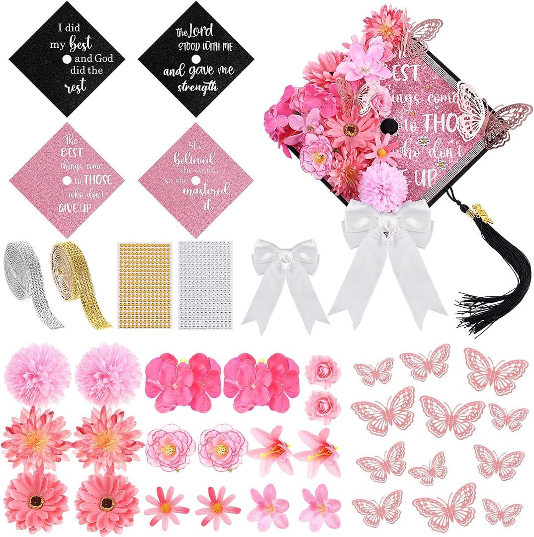 Dunzoom 40 Pcs DIY Graduation Cap Decorations Kit Artificial Flowers Inspirational Cardstock 3D Butterfly Stickers Ribbon Bow Rhinestone Stickers for Grad Cap Topper Graduation Party(Pink)