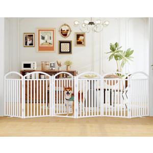 Folding No-Assembly Freestanding Dog Gate with Door,32" Heights Foldable Pet Fence,144" Extra Wide Accordion Puppy Folding Playpen for Doorways,House,Stairs (6 Panels,White)