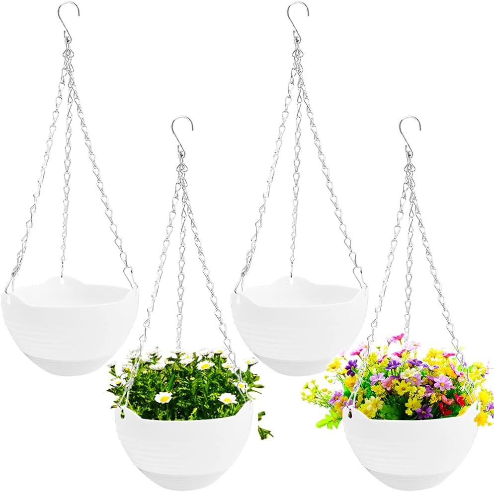 4 Pack 8 inch Hanging Planter Pots,Self-Watering Round Hanging Basket with Water Tray Metal Chain,Succulent Flower Plant Pot Container for Indoor Outdoor Garden Balcony Wall Decor,White (8 inches diameter x 4.9 inches height)