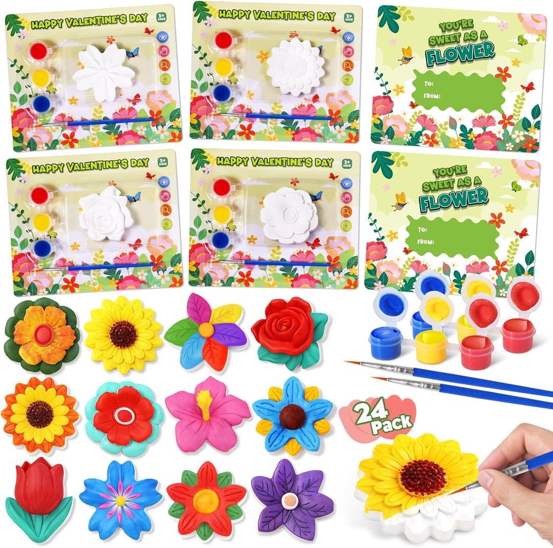 Valentine's Day Cards for Kids school, 24 PACK Valentine's Day Cards for Kids with Flowers Plaster Painting Kit, Valentines Day Gifts for Kids for School Classroom Exchange, Valentines Party Favors