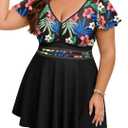 Arolina Women's Plus Size Tankini Swimsuits Swim Dress Mesh Bathing Suits Two Piece Ruffle V Neck Swimwear with Swim Shorts, Size 26 W, Black Flowers 
