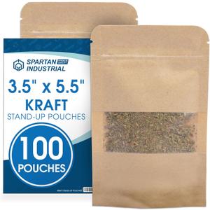 Spartan Industrial - 3.5" X 5.5" Kraft Resealable Stand-Up Pouches - Pack of 100 Small Storage Bags for Smell-Proof Food Storage and Packaging, Pet Treats, Cosmetics, and More
