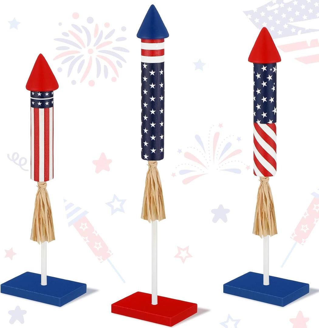 3 Pcs 4th of July Wood Firecracker Decorations Sign Memorial Day Wooden Firework Table Decor Rustic Rocket 4th of July Decorations Patriotic Tiered Tray Decor for 250th Anniversary