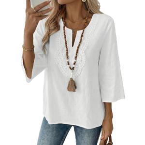 EVALESS Boho Tops for Women Blouses Dressy Casual V Neck 3/ 4 Sleeve Shirts Spring Outfits Trendy Vacation Clothes White M