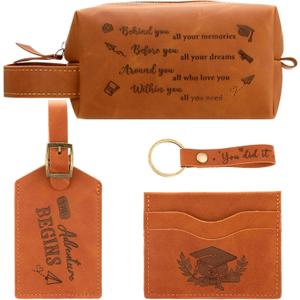 Yungyan 2026 Graduation Gifts 4 Pcs Leather Toiletry Bag Set with Keychain Luggage Tags Card Holder High School College Graduation Gift for Women Men