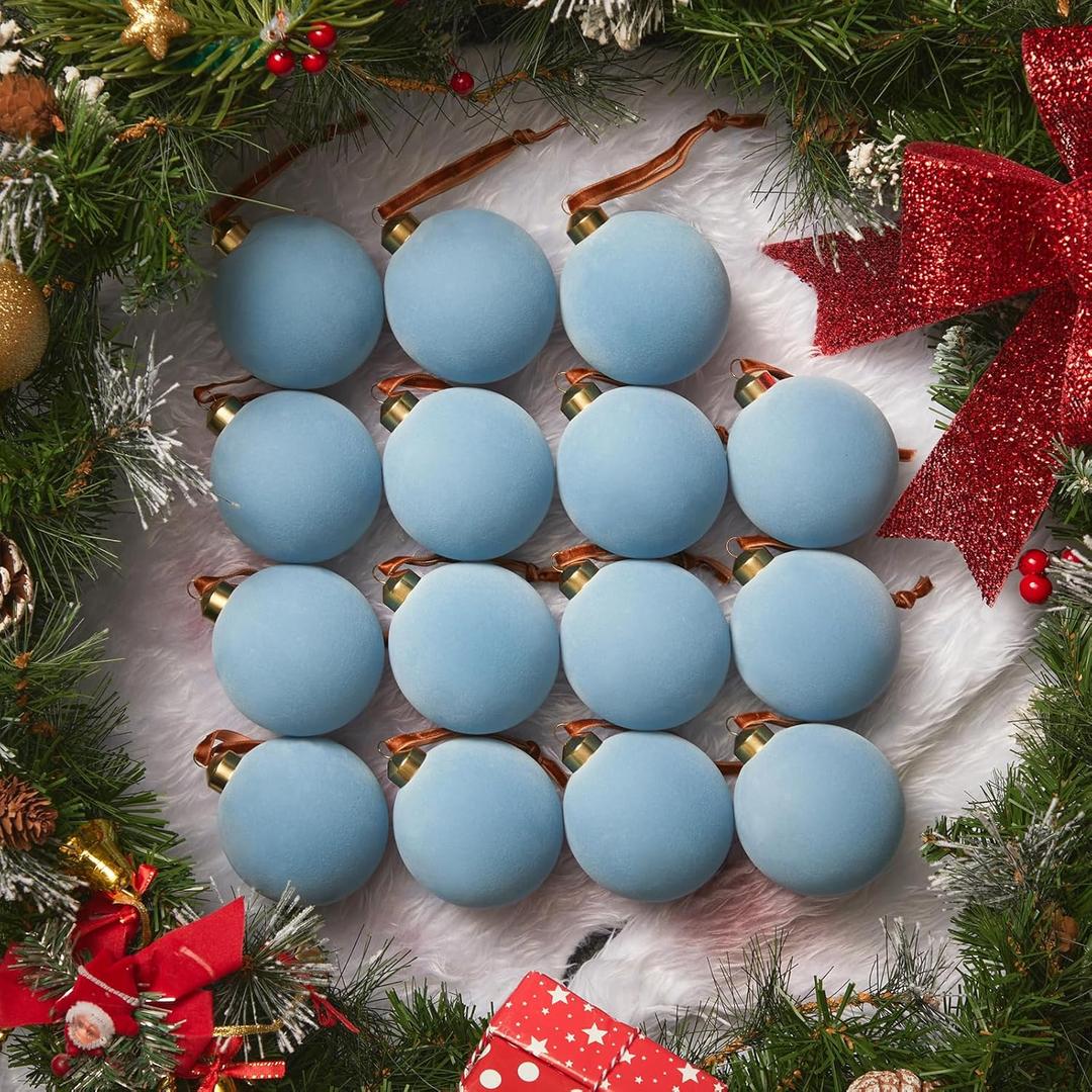 Brightown 15 Pcs Light Blue Velvet Christmas Balls, 3.15 Inch Velvet Ornaments for Christmas Tree, Christma Tree Flocked Ornaments Balls for Family Holiday Wedding Party Xmas Hanging Decoration