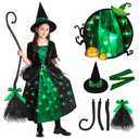 Poshetion Witch Halloween Costume for Girls - Toddler Light Up Dress with Witch Broom and Hat, Glow in the Dark for Wicked Parties (Green, Small) 5-7