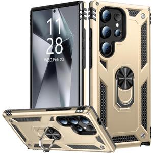 2 x IKAZZ for Galaxy S25 Ultra Case,Military Grade Shockproof Heavy Duty Protective Phone Cover Pass 16ft Drop Test with Magnetic Kickstand Car Mount Holder Gold