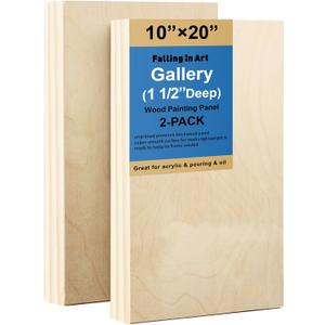 Falling in Art 2 Pack Unfinished Wooden Canvas Panels, 10x20 Gallery Birch Wood Panels Kit, 1 1/2" Deep Art Cradle Boards for Acrylic Painting, Pouring and Burning