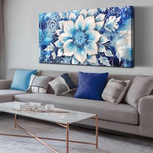 Flower Picture Wall Decor for Bedroom Large Blue Flower Canvas Wall Art for Office Framed Floral Wall Art for Living Room Ready To Hang Size 40 x 20 Inch