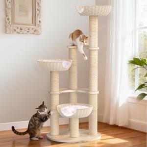 Tinnmao 53'' Solid Wood Cat Tree for Large Cats, Natural Sisal Scratching Post, Hand Woven Rattan Basket, High-end Luxury Design with Washable Plush Pad, Easy to Clean