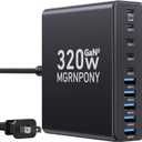 320W USB-C Charger Block, 10-Port USB-C Charging Station GaN III PD 65W Laptop Fast Charger Adapter for MacBook Pro/Air, DELL, iPad, iPhone, Samsung Galaxy Black