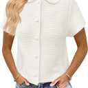 Saodimallsu Womens Short Sleeve Cropped Cardigans Casual Summer Button Down Collared Lightweight Loose Knit Sweater Top (White)