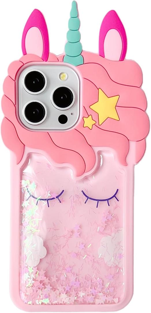 3D Unicorn Case,Cartoon Cute Kawaii Character Funny Glitter Bling Sparkle Shiny Quicksand Unicorn Kids Teens Girls Women Shockproof Soft Silicone Case for iPhone 14 Pro Max/iPhone 15 Pro Max 6.7 inch