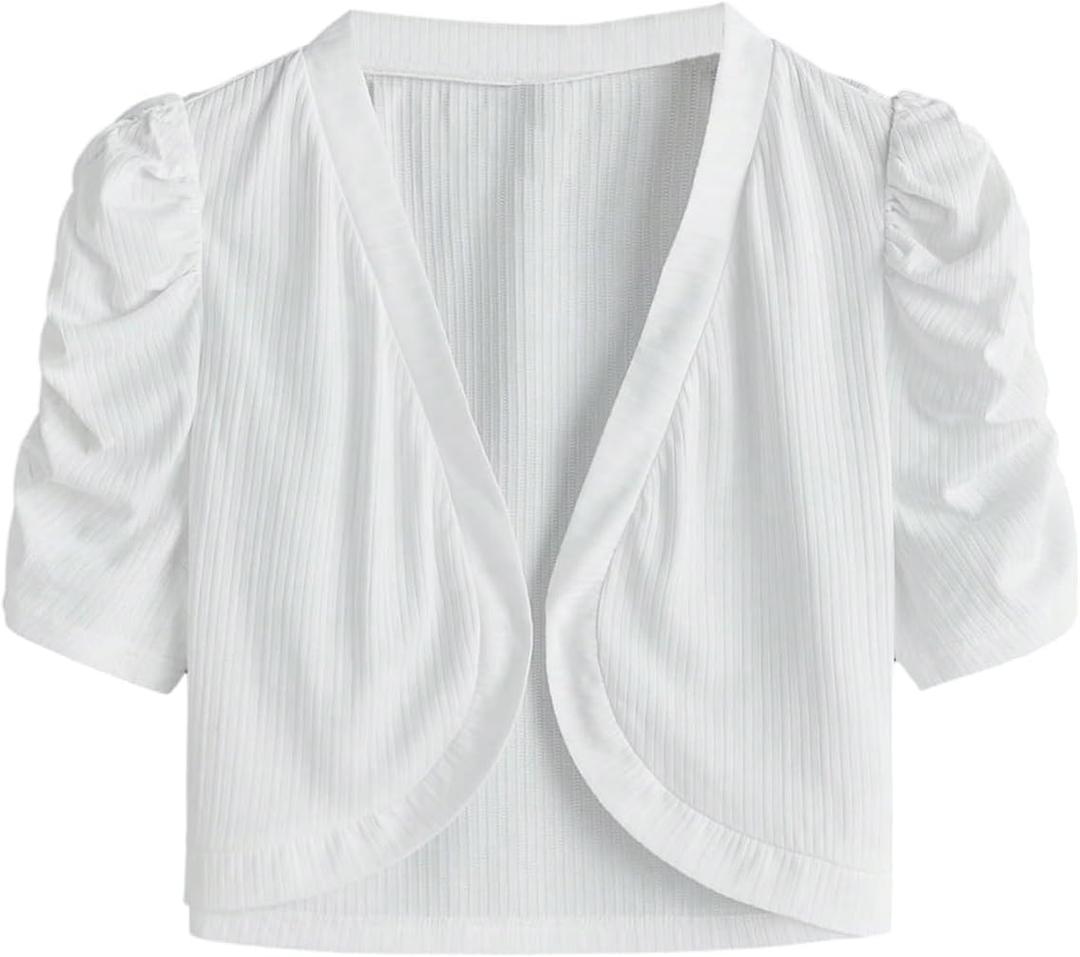 WDIRARA Women's Plus Size Ruched Puff Short Sleeve Bolero Shrugs Open Front Cropped Cardigan (White)