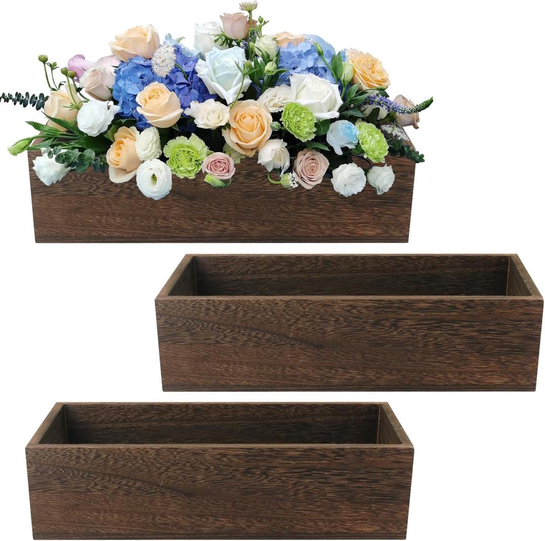 3 Pack 11.8 Inch Long Wood Box Centerpiece for Table, Wood Rectangle Planters for Storage & Decor, Perfect for Centerpieces, Craft Organizer, and More