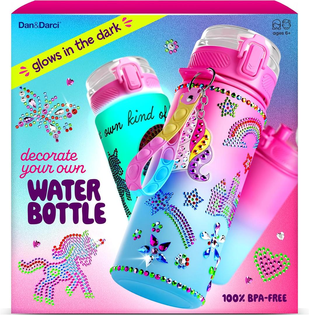 Dan&Darci Decorate Your Own Glow-in-The-Dark Water Bottle Kit for Girls - Christmas Gifts for Girl Ages 4-6 5-7 6-8 - 4 5 6 7 8 Year Old Birthday Gift Ideas - Arts and Crafts for Kids Age 6-8