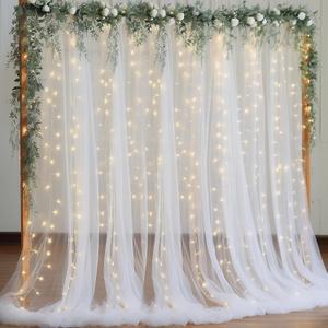 PARTISKY 10x8ft White Tulle Backdrop Curtain with Lights String for Parites, Sheer Backdrop Curtains for Wedding Baby Shower Birthday Party Photo Shoot Decorations