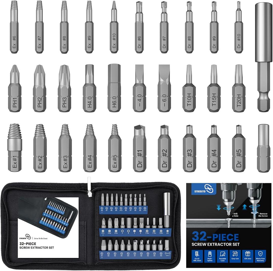 STREBITO Damaged Screw Extractor Set, 32PCS Stripped Screw Extractor with Magnetic Extension Shaft & Socket Adapter, Stripped Screws Nuts & Bolts Drill Bit Tools for Easy Removal of Rusty Broken Screw