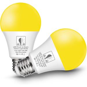 EvaStary Dusk to Dawn LED Yellow Bug Light Bulb, 6W(40W Equivalent) Yellow Bug Light Bulbs for Porch Lights Outdoor, Auto On/Off A19 LED Bug Lights, Photocell Sensor, E26 Base, 2 Pack