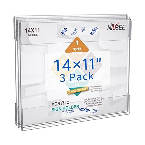 NIUBEE Acrylic Sign Holder 14 x 11 inches Wall Mount Sign Holder with Double Sided Adhesive Tape Wall Acrylic Frame for Office, Home, Store, Restaurant, Horizontal, 3 Pack