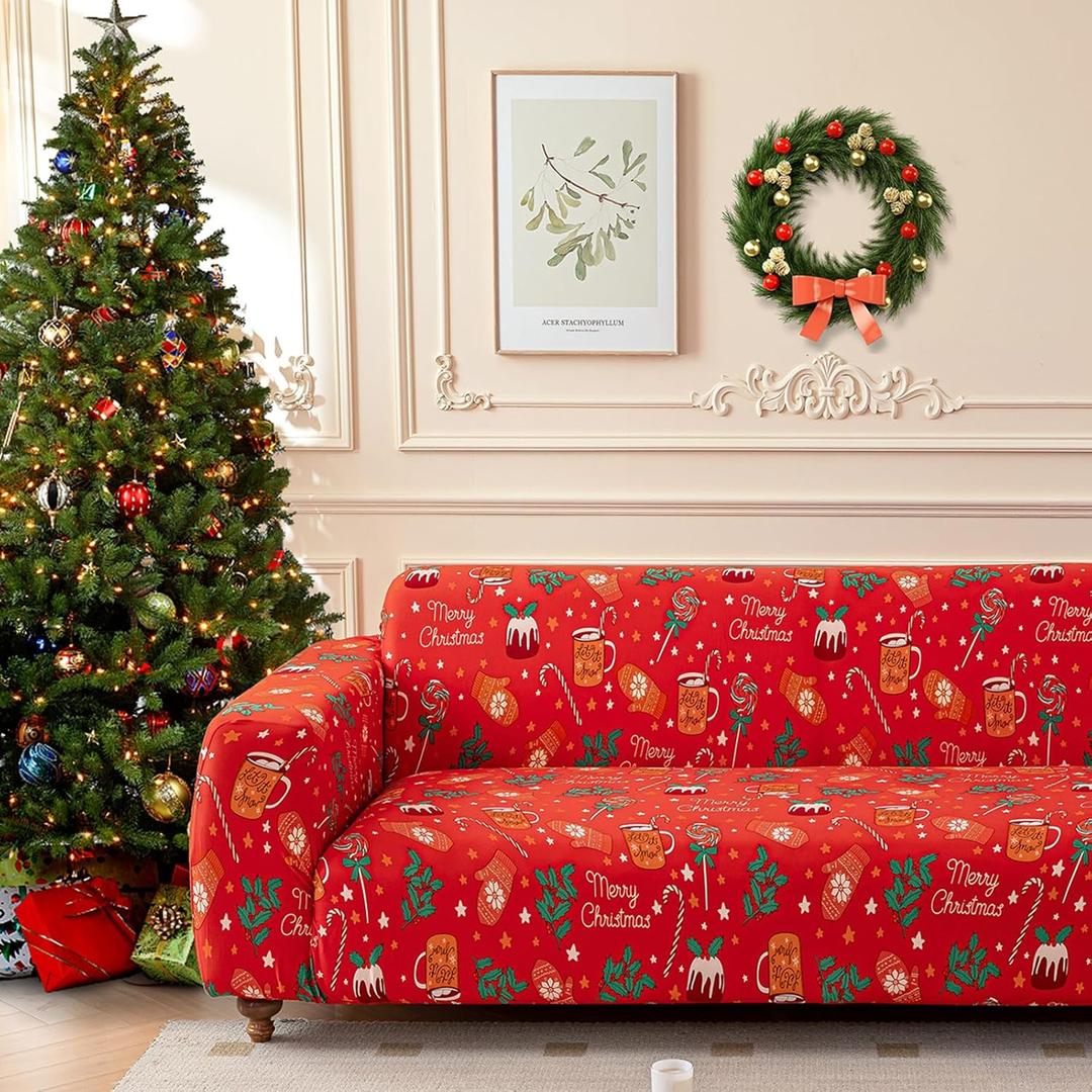 Anibedding Christmas Sofa Slipcover, ChristmasStretch Sofa Covers for 3 Cushion Couch Sofa,Furniture Protector Couch Soft with Elastic Straps for Merry Christmas.