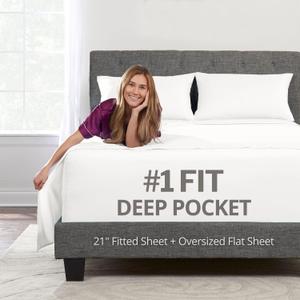 DeaLuxe Deep Pocket Queen Sheet Sets – 21” Inch 4 Piece Queen Sheets Deep Pocket Sheets – Oversize Flat Sheet, Fitted Sheet & 2 Zipper Closure Pillowcases for 18”–23” Pillow Top Mattress – White