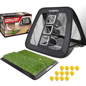 CHAMPKEY Double -Sided Golf Chipping Net with Mat and 12 Foam Balls - Professional Golf Practice Net Ideal for Indoor and Outdoor Training