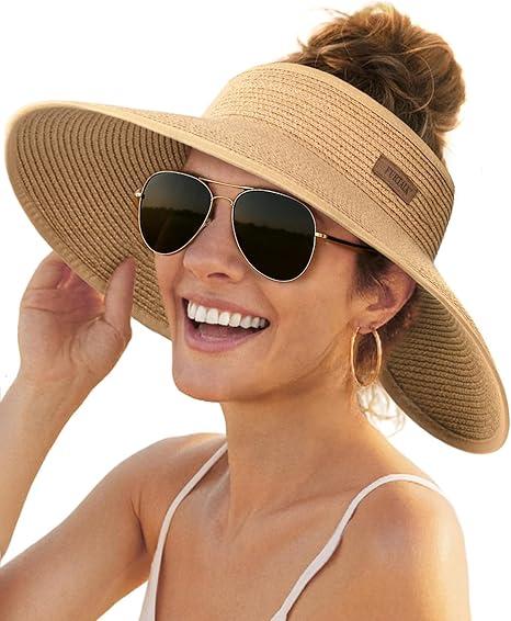 FURTALK Sun Hats for Women Wide Brim Beach Hat Straw Visor Ponytail Summer UV Packable Foldable Beach Vacation Essentials, Color: Khaki