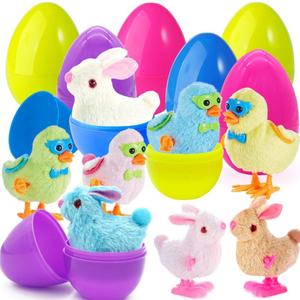 Prefilled Easter Eggs Surprise Toys with Colorful Wind-Up Jumping Bunnies and Chicken for Novelty Basket Stuffers, Egg Hunt Party Favors, 8 Pack