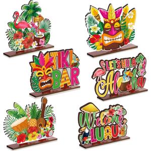Juexica Pack of 6 Luau Party Signs Tiki Table Decoration Hawaiian Decor Wooden Aloha Luau Decorations Tropical Hawaii Decor for Housewarming Tiki Bar Birthday Welcome Baby Shower Party Supplies (Vibrant Color)