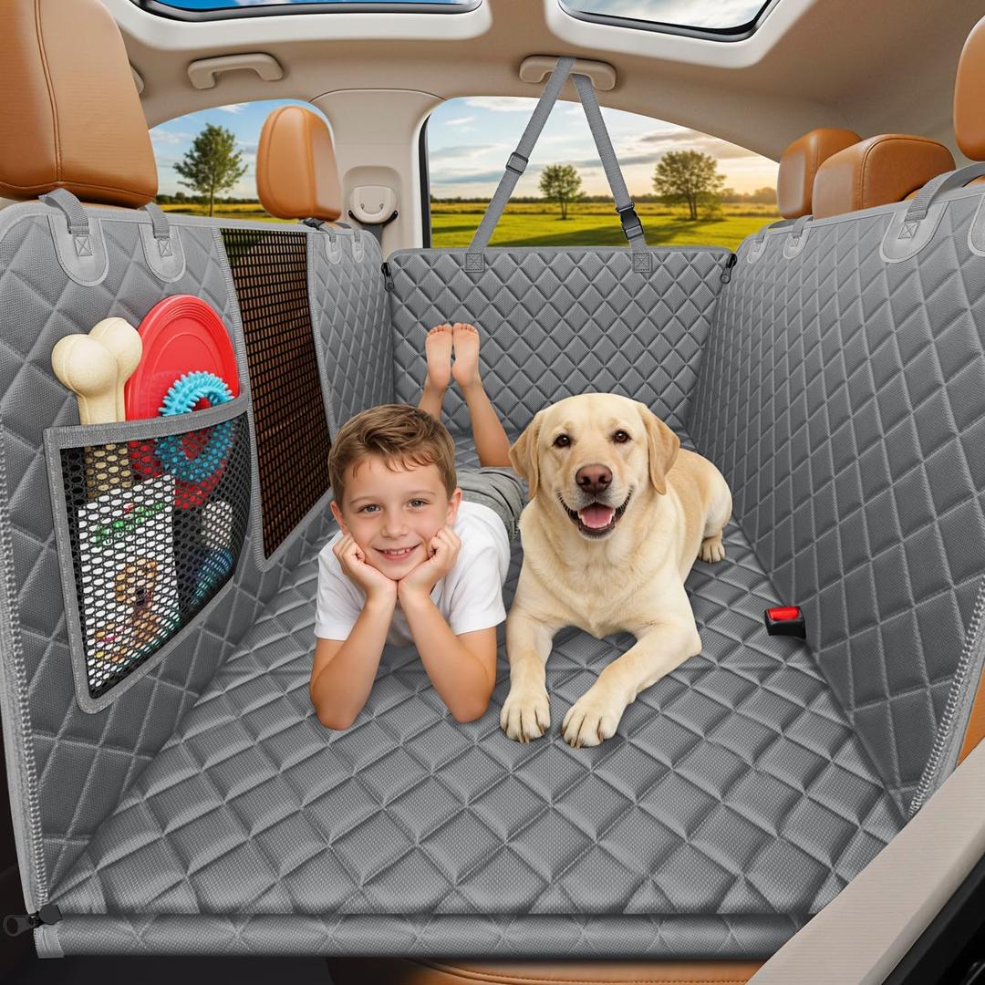 URPOWER Backseat Extender for Dogs - Hard Bottom Dog Car Seat Cover for Back Seat, Dog Hammock for Car and SUV, Pet Rear Seat Protector Dogs Travel Bed with Mesh Window & Side Flaps