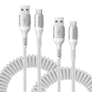 Coiled USB to USB C Cable 6FT, 2Pack Braided USB A to Type C Charger Cable for Car 66W Fast Charging Cord Compatible with iPhone 17 16 15 Pro Max, iPad, Samsung Galaxy, Google Pixel, LG Phones-Silver