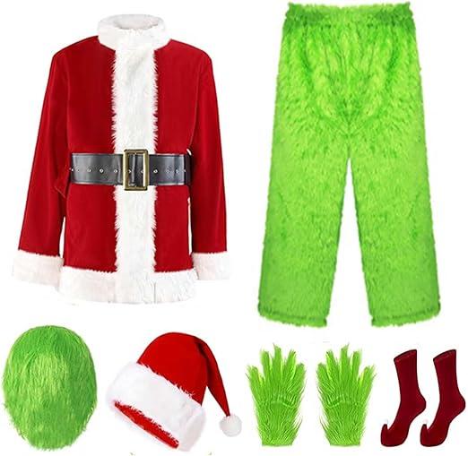 Lizxun Adults Green Monster Christmas Santa Costume Set,7pcs Deluxe Furry Fancy Monster Halloween Xmas Cosplay Outfits (XXL/XXXL)