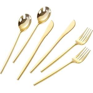PULOTE 300PCS Gold Plastic Silverware Set Disposable - Heavy Duty Gold Utensils Set - Plastic Cutlery Disposable - Include 100 Knives, 100 Forks, 100 Spoons for Party & Wedding