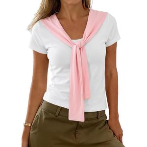 Remidoo Womens Sailor Collar Shirt Short Sleeve Color Block T Shirt (Pink, M)
