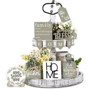 FairySandy 11 Pcs Home Tiered Tray Decor Spring Rustic Farmhouse Tiered Tray Decorations Set Sage Green Wooden Home Sign Vintage Farm Animal Farmhouse Tabletop Wood Sign for Kitchen Table Shelf Decor