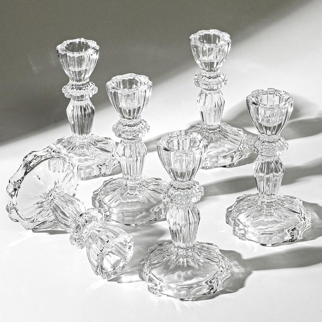 4" Tall Glass Candlestick Set of 6 Clear Crystal Candle Holders for Glass Taper Holder Decor for Wedding Birthday Party Christmas (Clear)