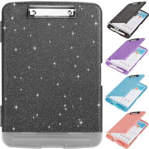Glitter Clipboard with Storage,Storage Clipboard with Pen Holder,A4 Binder Clip Boards 8.5x11 with Low Profile Clip,Side Opening Sparkle Clipboards,Plastic Clipboards Folder for Office Supplies-Black