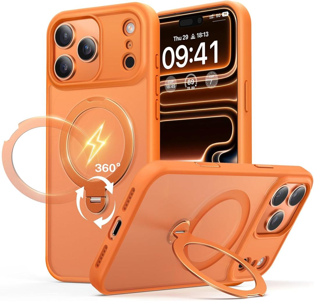 for iPhone 17 Pro Max Case: with 360 Spin Magnetic Stand, Camera Control Button, Fit for MagSafe, Military Drop Protective Slim Phone Cover for 17 ProMax with Ring Kickstand, 6.9", Orange