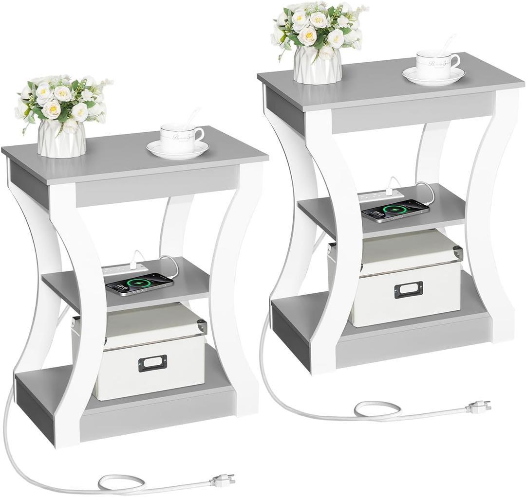 End Table Set of 2 with Charging Station, Side Table with USB Ports and Outlets, Nightstand, 3 Tier Bedside Table with Storage Shelf for Living Room, Bedroom, Small Space, Grey ETSW53E01S2