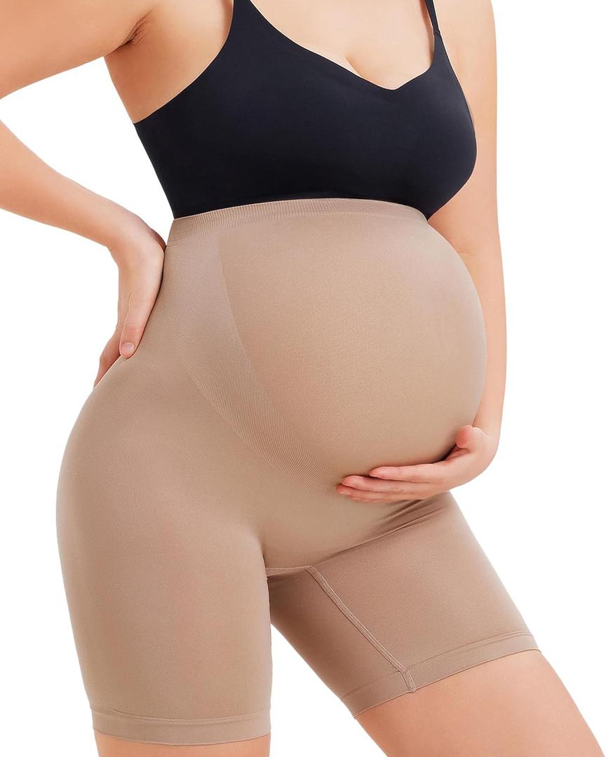 LANCS Seamless Maternity Shapewear High Waist Maternity Shorts Pregnancy Underwear Over Bump Belly Support (Small, Beige)