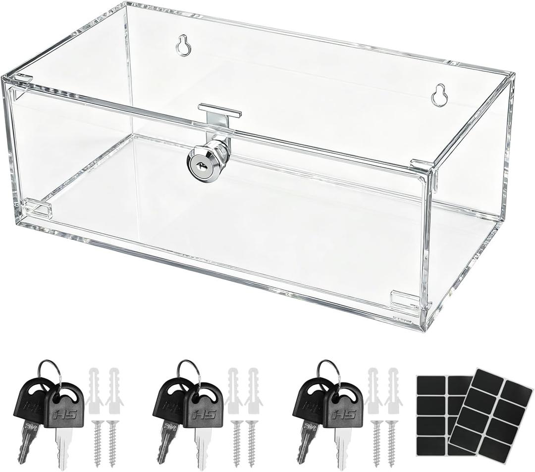 Refrigerator Medicine Lock Box 12 x 6 x 4.5 Inch Acrylic First Aid Wall Cabinet Case with Keys and Mounting Accessories Wall Mount Clear Medicine Box with Labels for Home