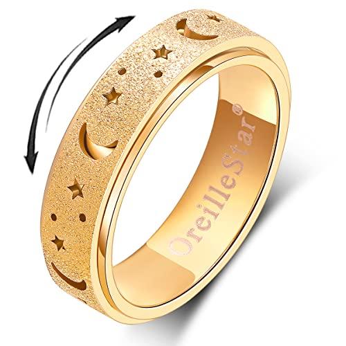 OreilleStar Anxiety Ring for Women Spinner Thumb Ring Stainless Steel Fidget Toys Adults Fidget Spinner Ring Moon Star Gold Size 10