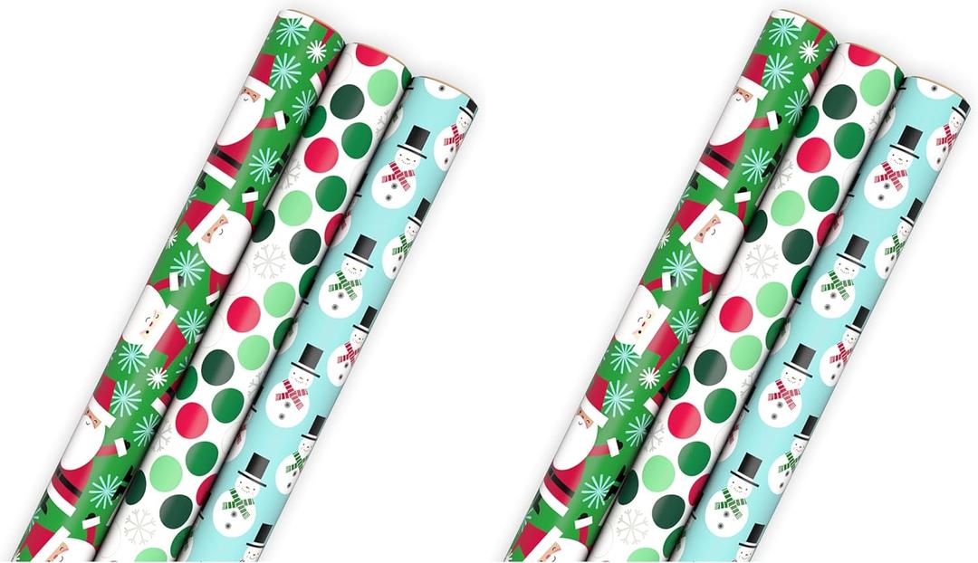 Hallmark Christmas Wrapping Paper with Cutlines on Reverse (3 Rolls: 90 Sq. Ft. Total) Santa Claus, Polka Dots, Snowmen (Pack of 2) (Red, Blue, Mint Green)