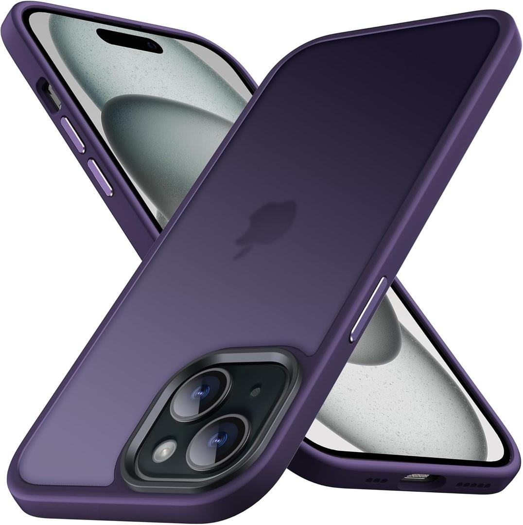 Anqrp Designed for iPhone 15 Translucent Matte Case with Aluminium Alloy Buttons, [Support Wireless Charging] Soft Silicone Slim Anti-Scratch Protective Phone Case Cover, Dark Purple