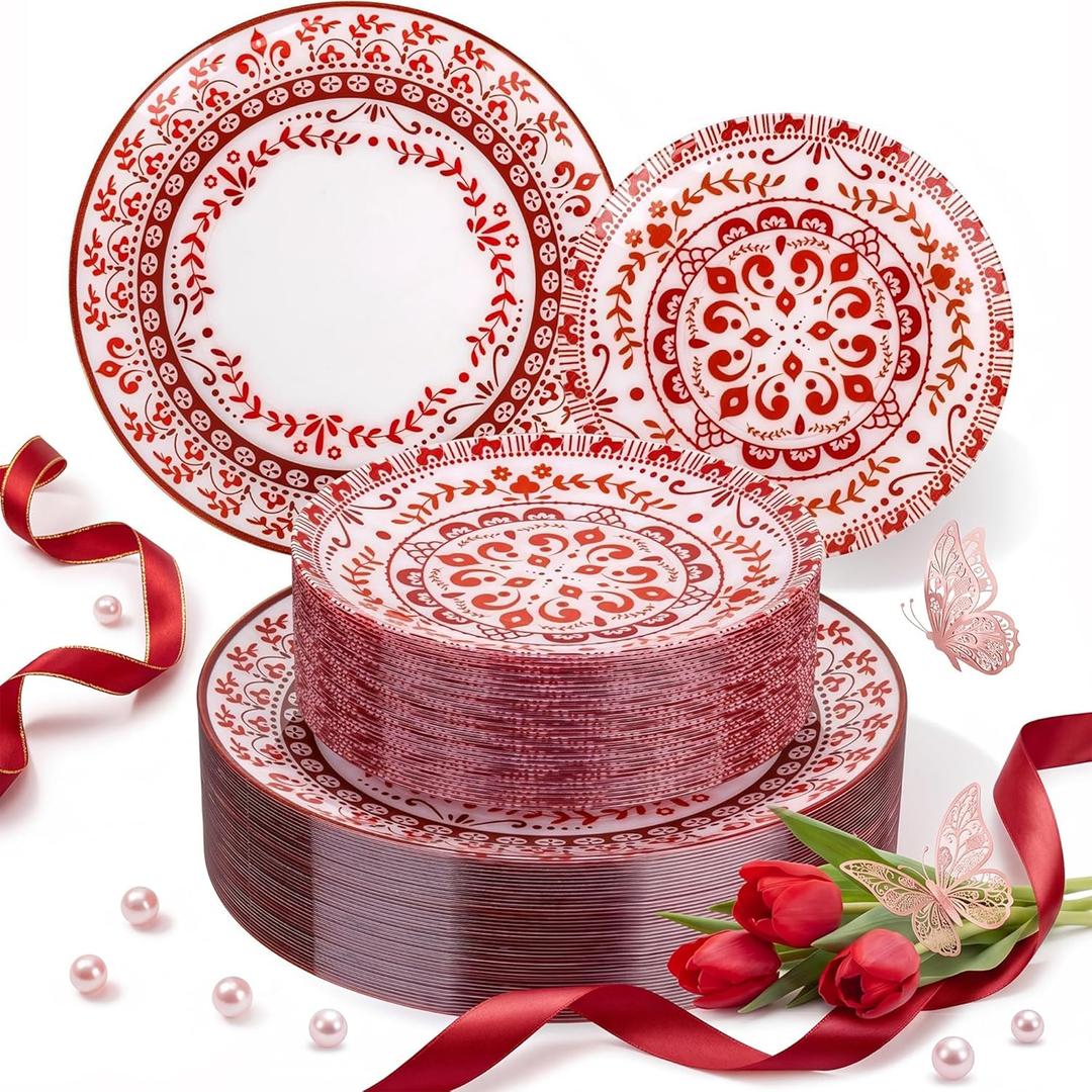 Hioasis 60pcs Red Plastic Plates Set - Floral Red & White Porcelain Design, 10.25" Dinner & 7.5" Dessert Plates Disposable for Christmas (Dishwasher Safe, Traditional Style) Perfect for Mothers Day